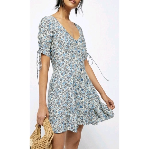 Free People Dresses & Skirts - Free People Blue Floral Print Sun Dress Laced Up Mini Sleeves Back M Boho Fairy
